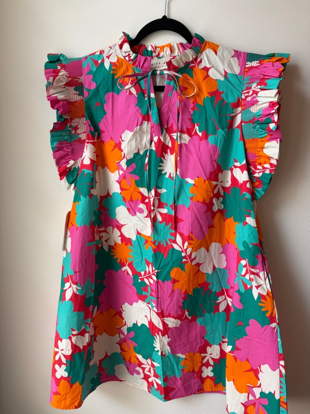 Bright Floral Ruffle Sleeve dress - Pink, Teal, Orange, White